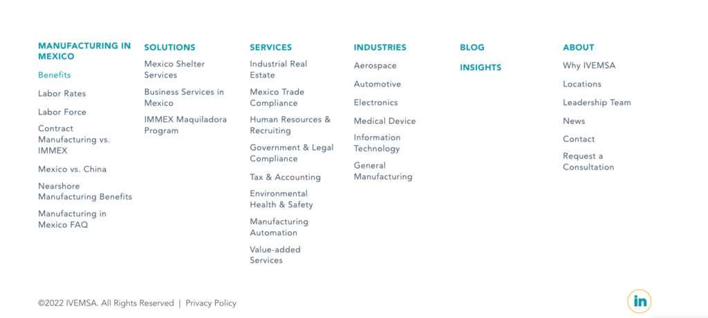 Footer navigation on IVEMSA website