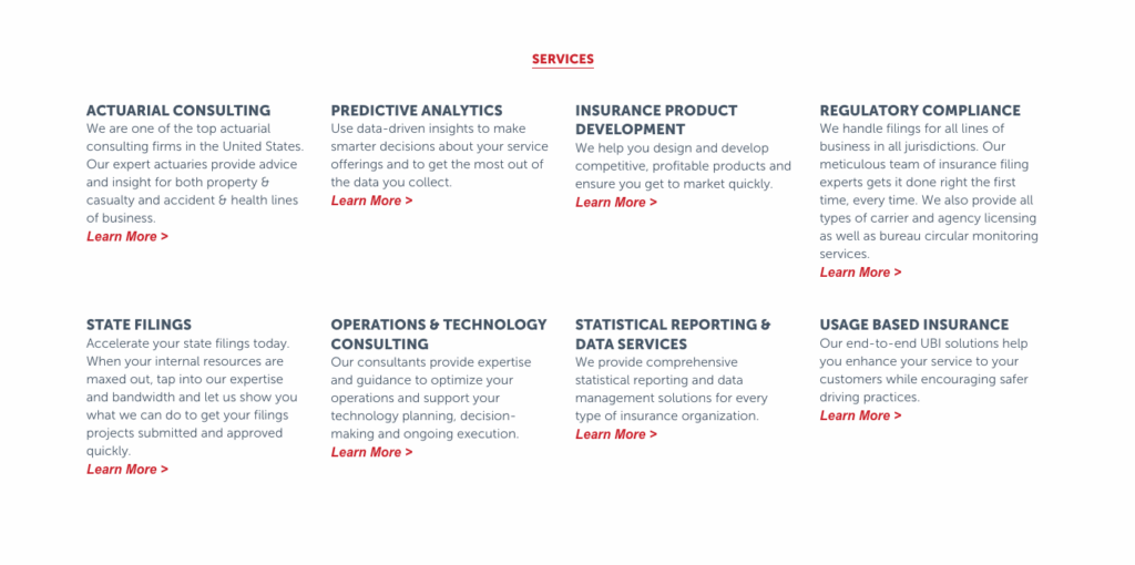 Listing of services on Perr&Knight website