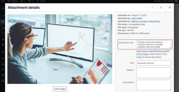 Example of alt text option on the backend of a WordPress site.
